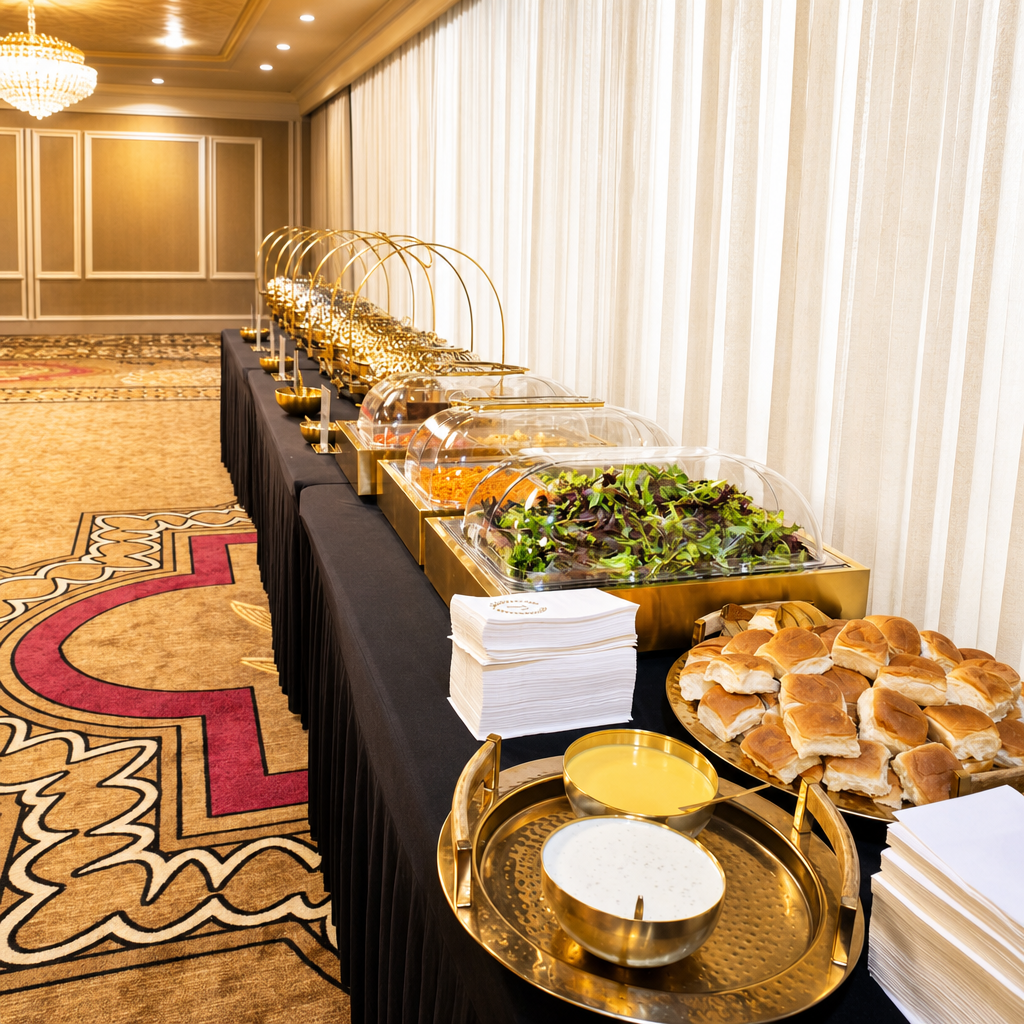 Elegant buffet line with chafing dishes and bread display
